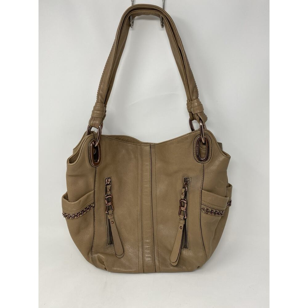 B. Makowsky Handbag Tan Soft Leather Shoulder Bag Tote Chain Detail Snake Print